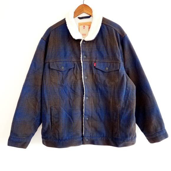 Levi's Men's Plaid Relaxed Fit Fleece Lined Trucker Jacket Brown & Blue Size  XL - Picture 1 of 8